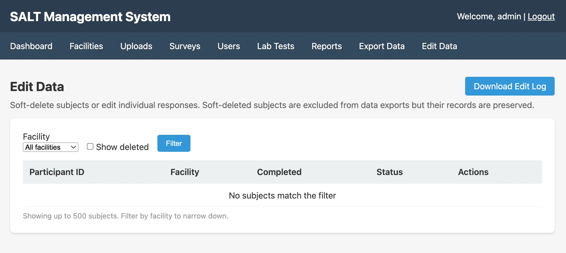 Edit data page showing participant table
