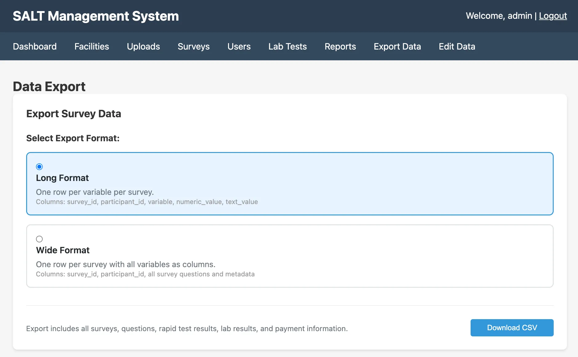 Data export page with format selection