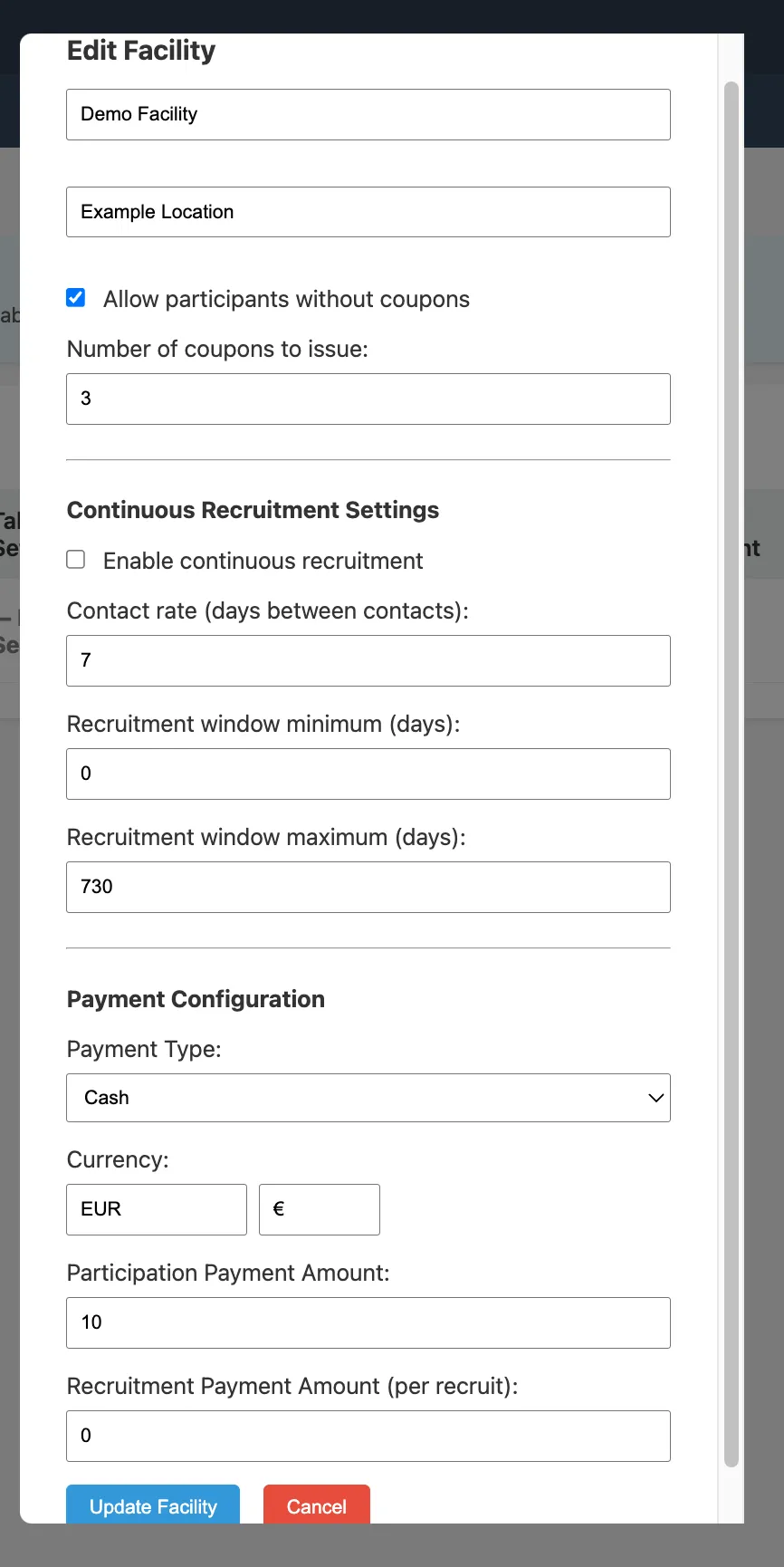 Edit facility modal