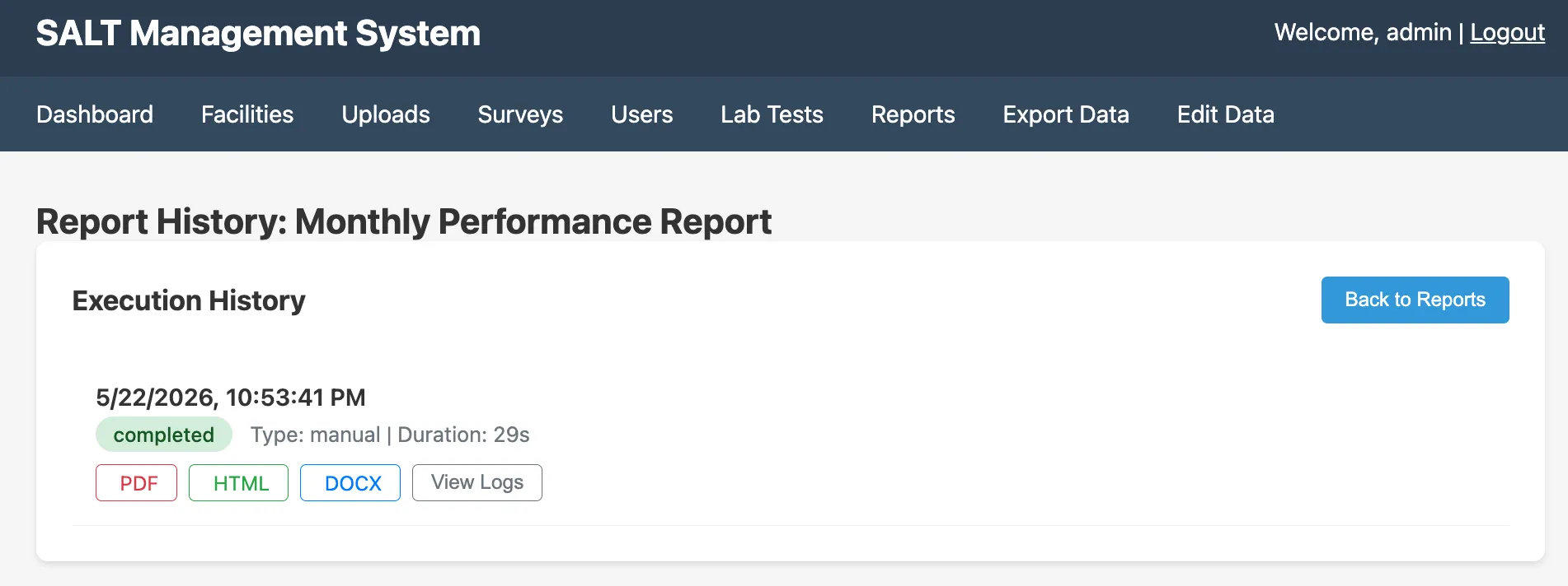 Report history showing completed run
