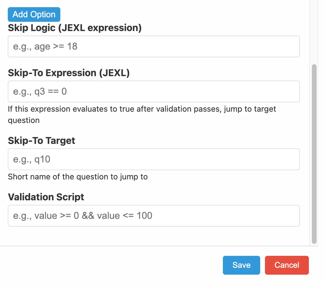 Question edit modal showing logic fields
