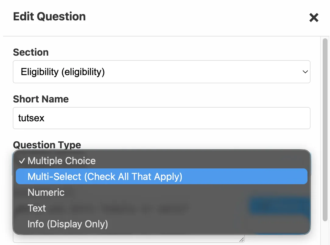 Question type dropdown