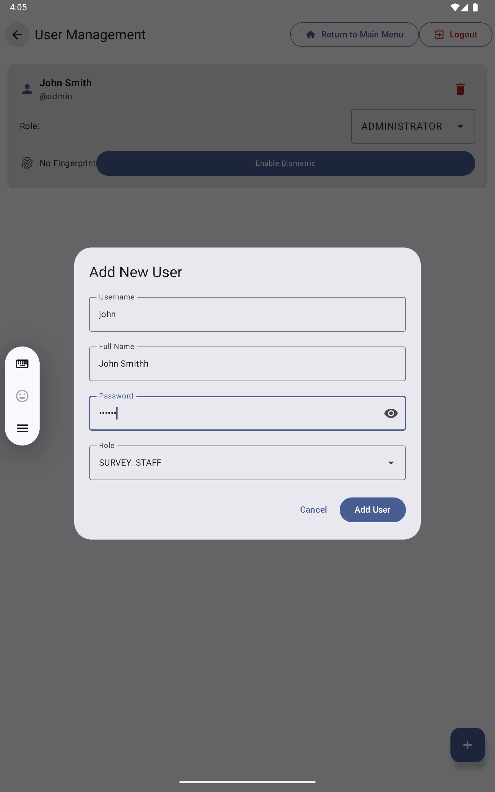 Add New User dialog