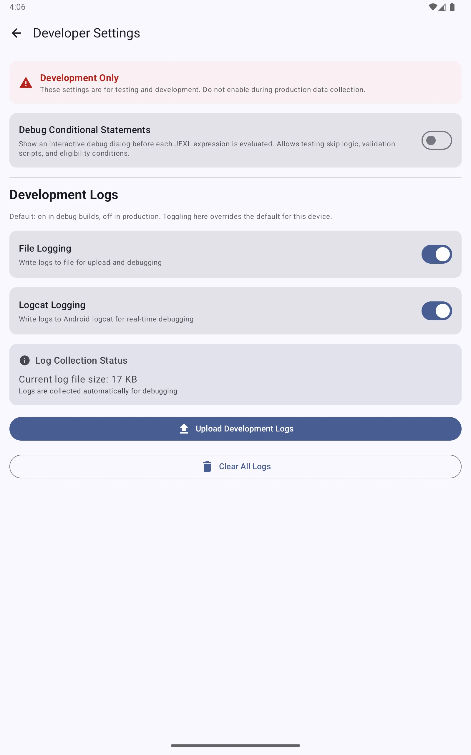 Developer Settings screen