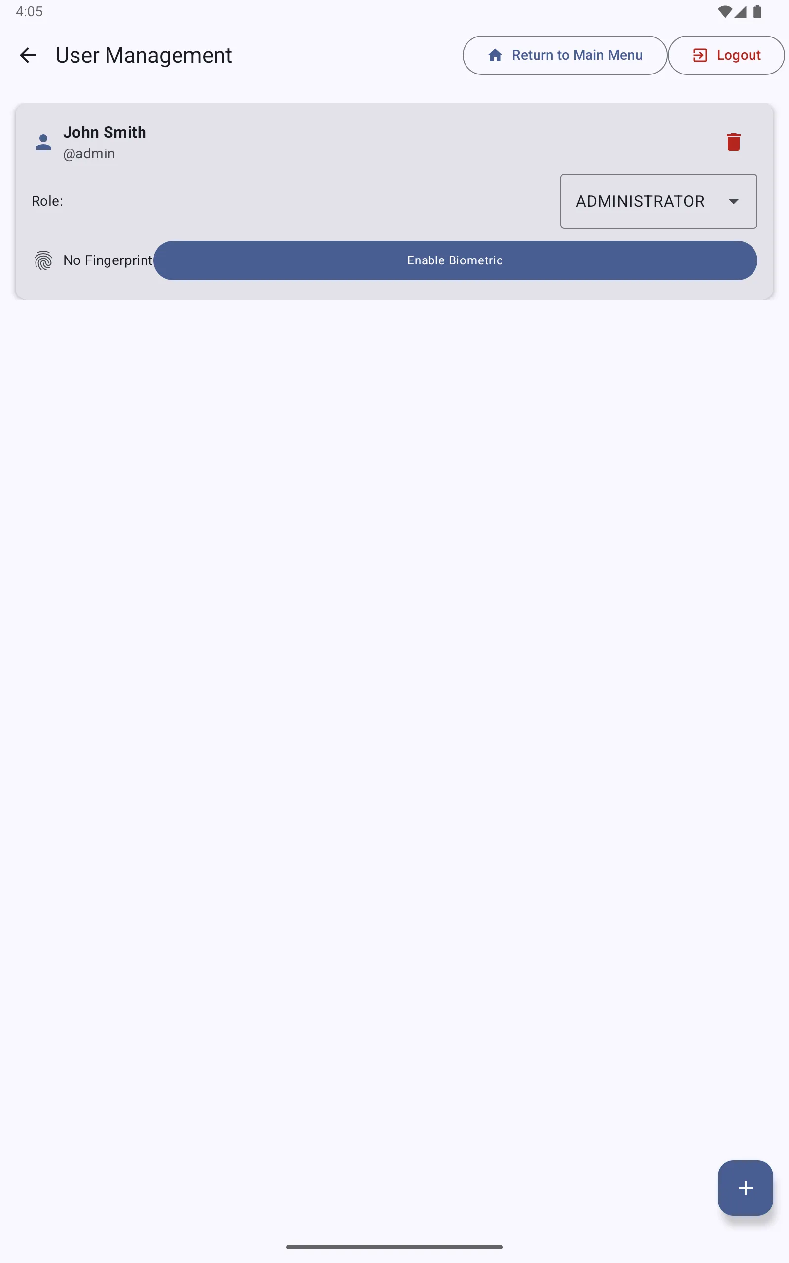 User management screen showing administrator account