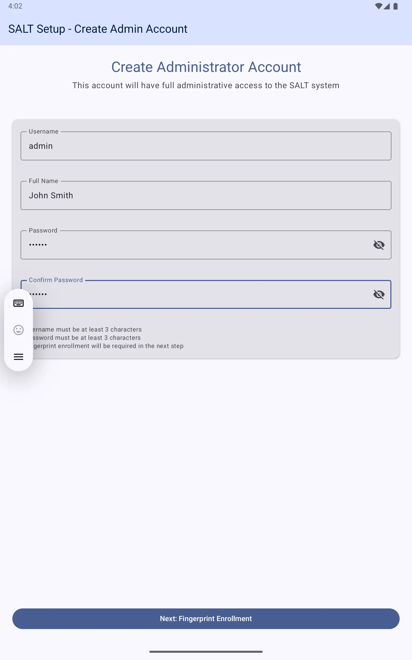 Create administrator account screen