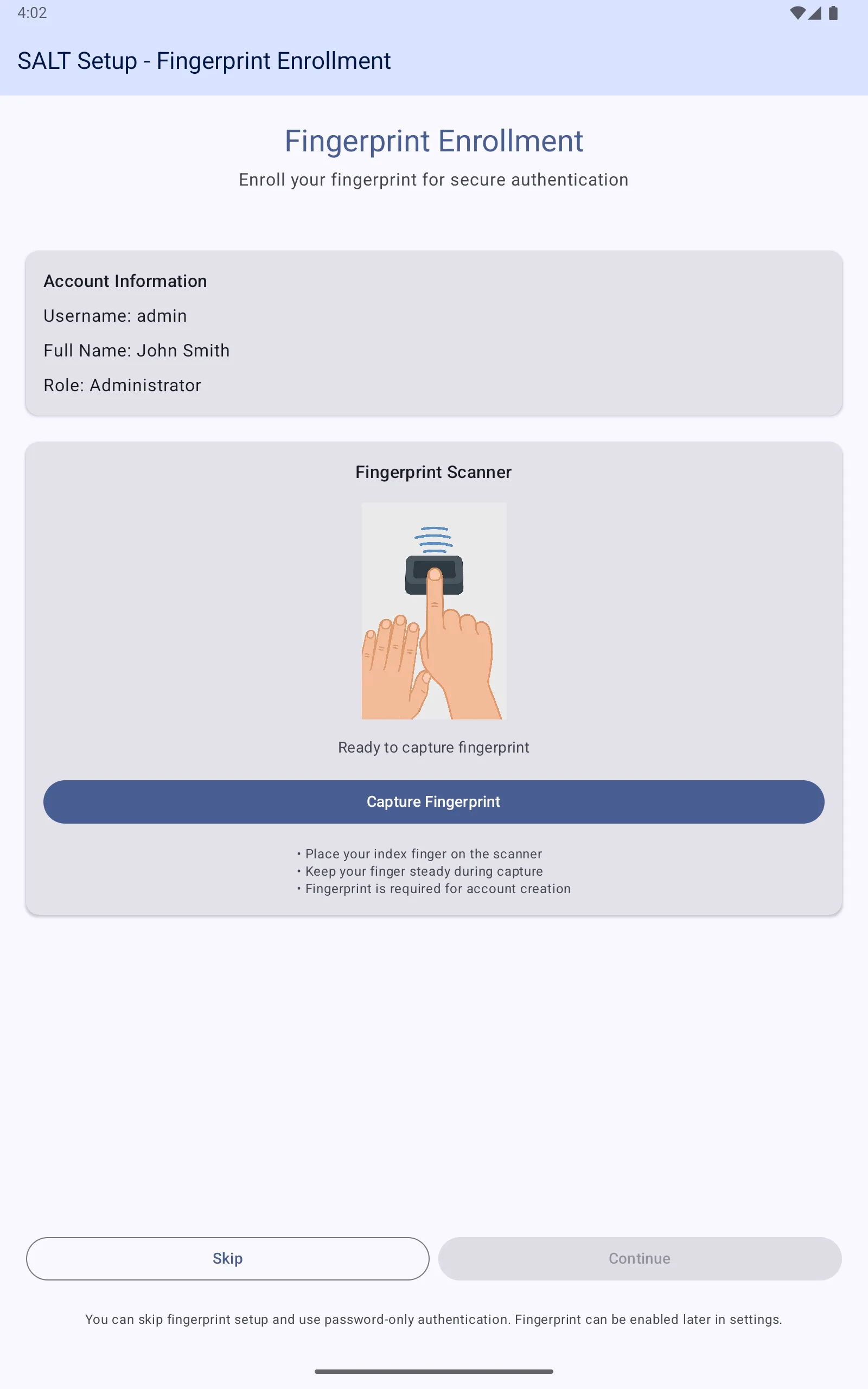 Fingerprint enrollment screen