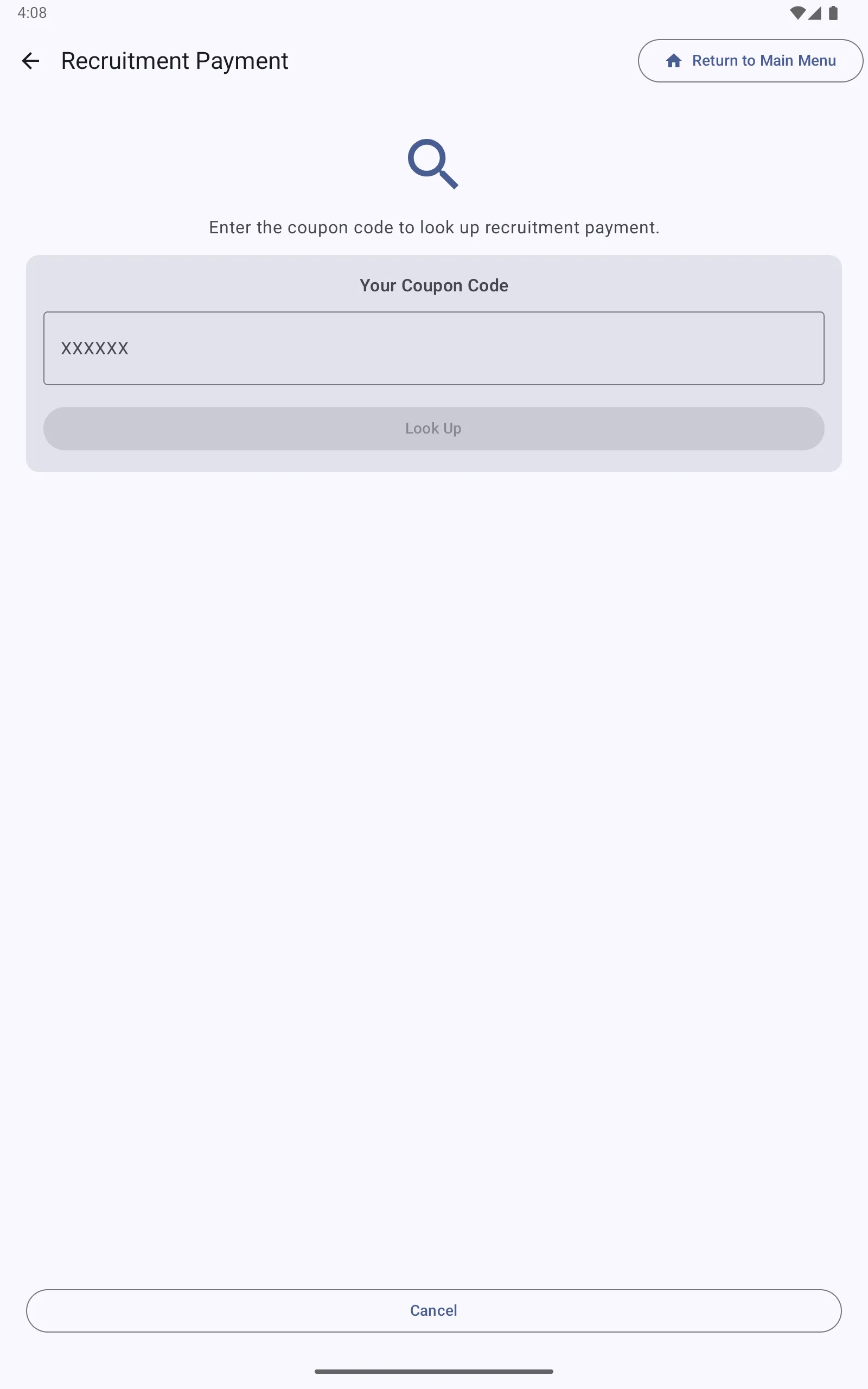 Recruitment payment screen with coupon code lookup